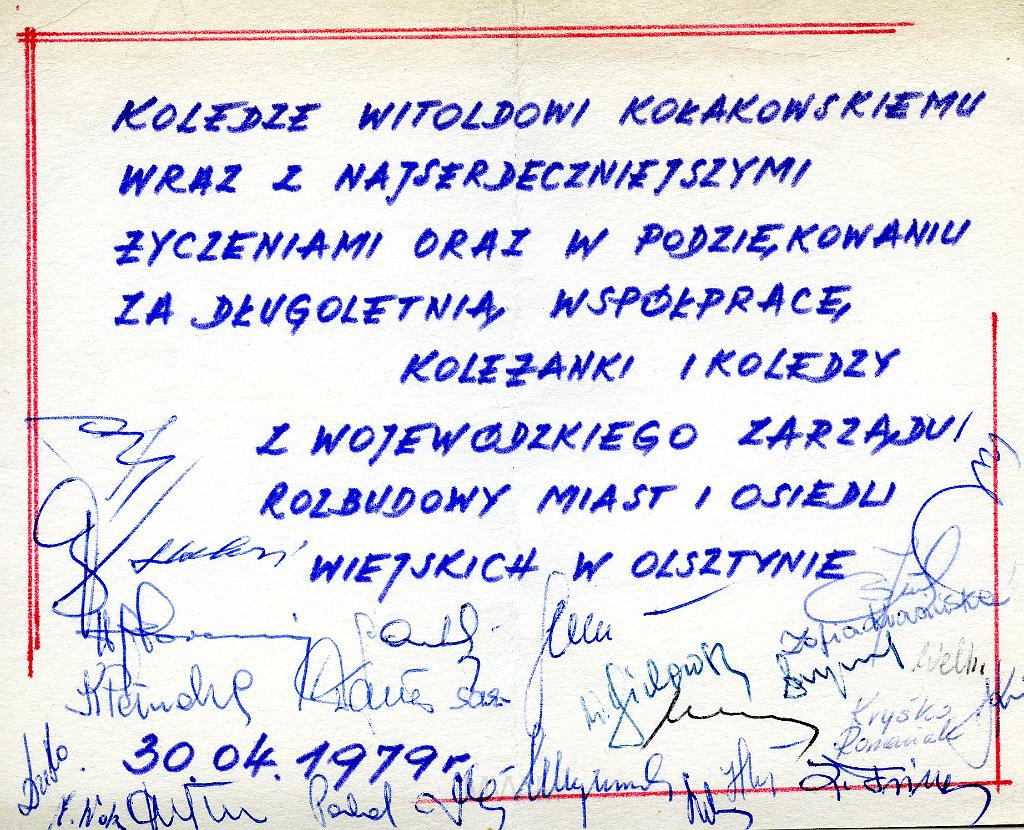 KKE 2266.jpg - Dok. Podziękowania za wieloletnią współpracę z Witoldem Kołakowskim – tata Janusza Kołakowskiego; od kolegów i koleżanek z Wojewódzkiego Zarządu Rozbudowy Miast i Osiedli Wiejskich, Olsztyn, 30 IV 1979 r.